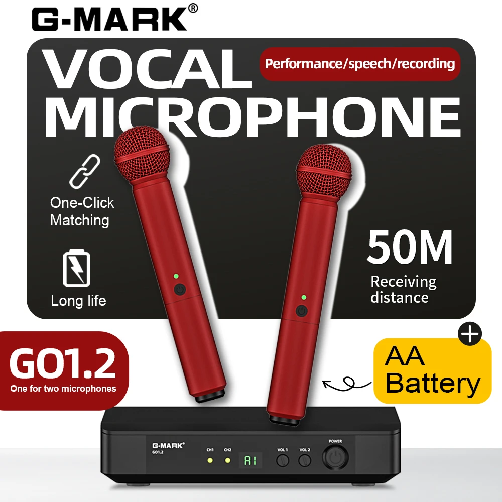 Rechargeable Wireless Mic Lithium Battery - Karaoke Wireless Microphone G-MARK UHF Recording